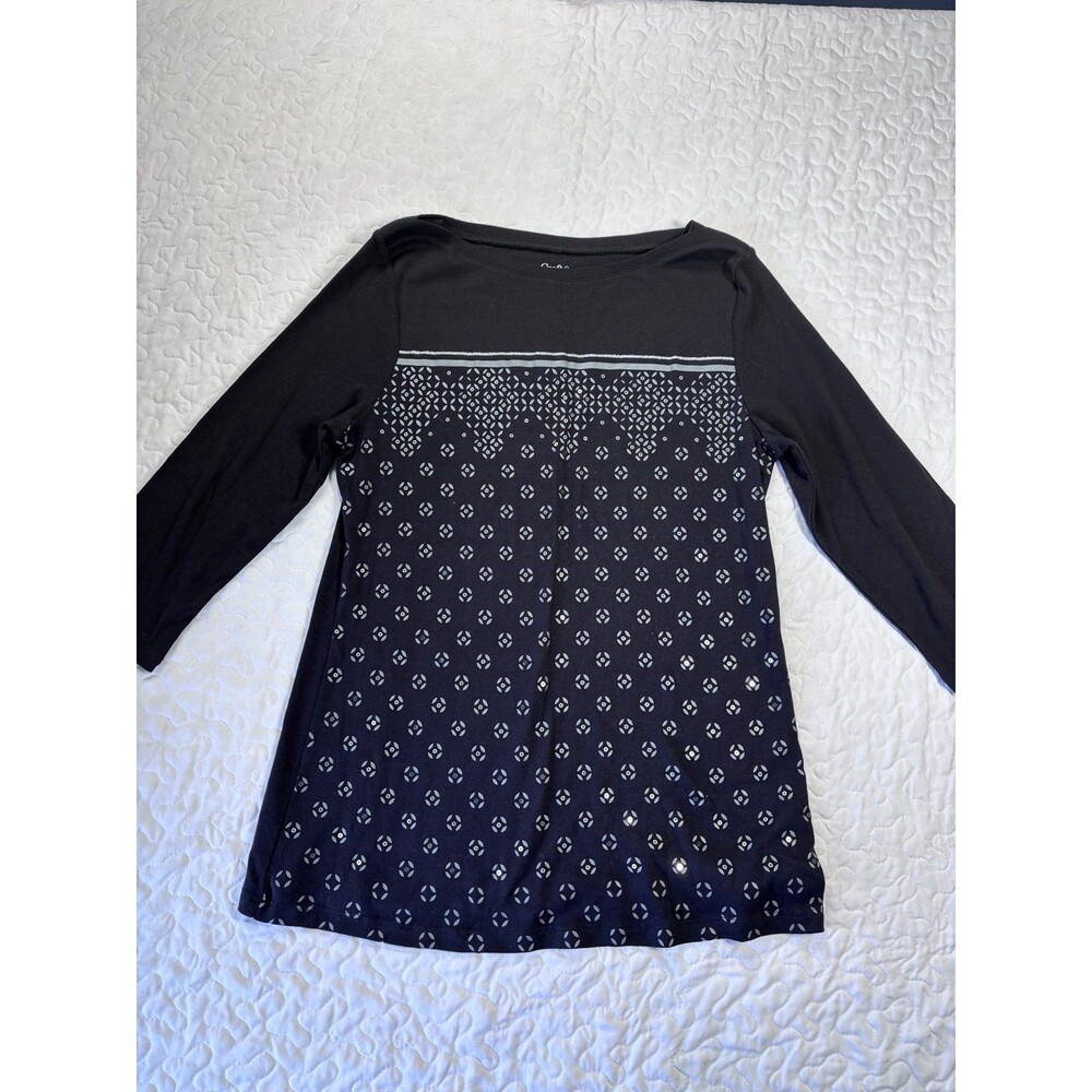 Croft & Barrow Black Sequined Long Sleeve 100% Cotton  Blouse size medium